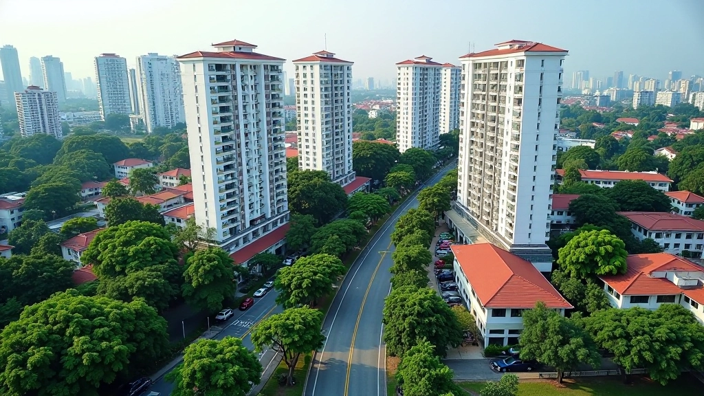 Aerial view of residential neighborhood with apartment buildings, tree-lined streets, and urban infrastructure near MRT interchange