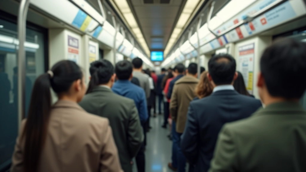 Crowded MRT train during peak hours with passengers standing and holding handrails