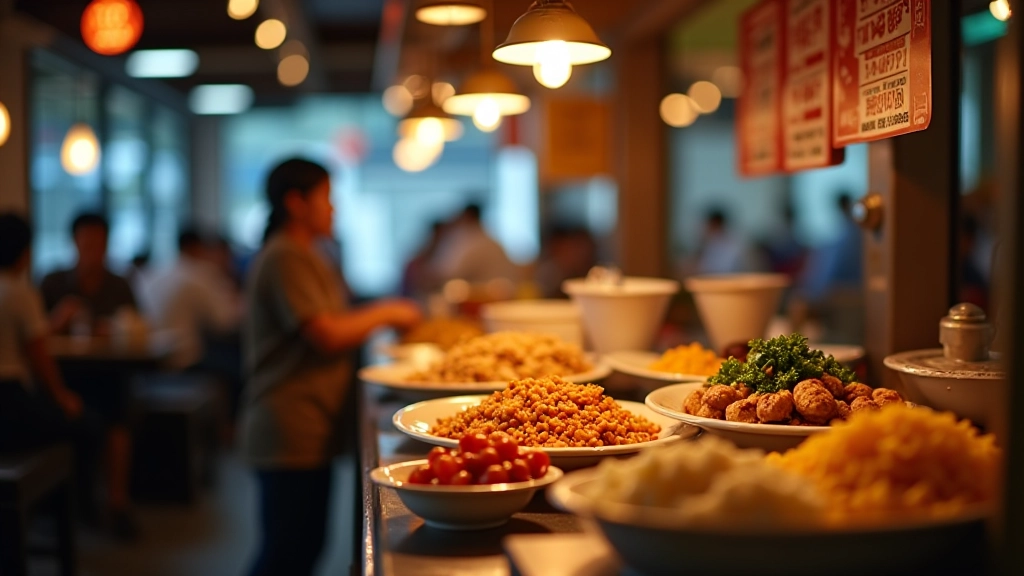 Hawker center food stall with colorful display of prepared Asian dishes, warm lighting, busy casual dining environment