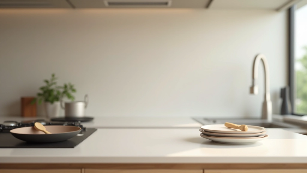 Kitchen essentials arranged on white countertop including cooking utensils, pots, pans, and basic dishware with modern apartment cabinets