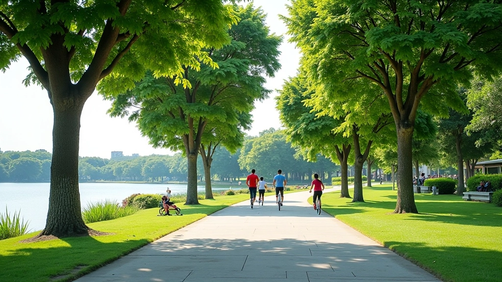 Peaceful lakeside walking path with green trees, joggers, and cyclists enjoying outdoor recreation near Jurong Lake
