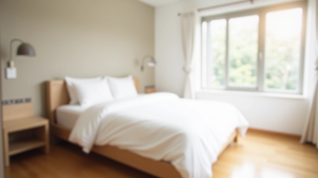 Modern minimalist bedroom with simple bed frame and white bedding, natural morning light from window, clean and uncluttered space
