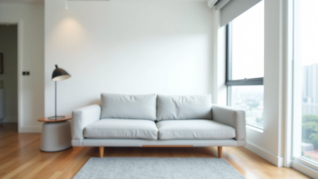 Interior view of a modern apartment living room with minimalist furniture and natural lighting from large windows