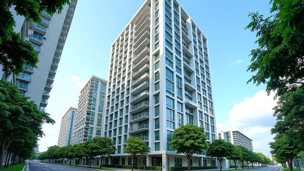 Modern apartment building exterior with glass balconies overlooking a tree-lined street
