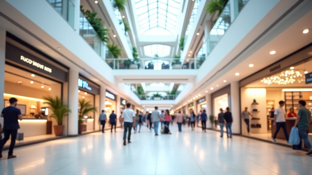 Interior of modern shopping mall with multiple levels, boutiques, restaurants, and natural lighting from skylights