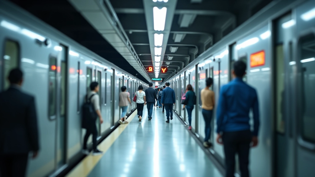 Bustling MRT station platform with clear signage and commuters during rush hour at modern transit interchange
