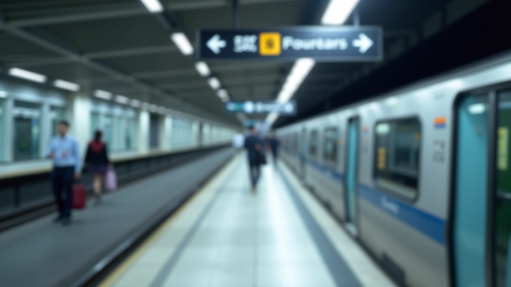 Jurong East MRT station platform with passengers and directional signage, bright fluorescent lighting, modern transit infrastructure