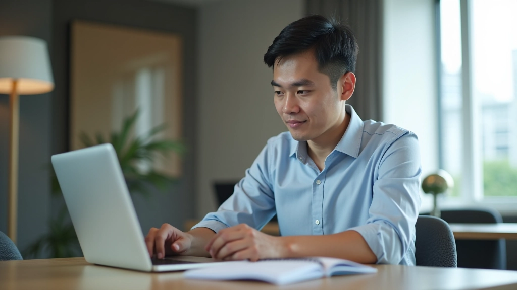 Person using smartphone and laptop to search for apartment listings, taking notes while browsing real estate websites