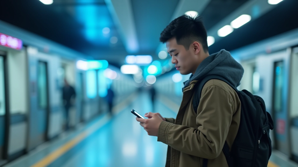 Person using smartphone at MRT station with transit information displayed on overhead screens