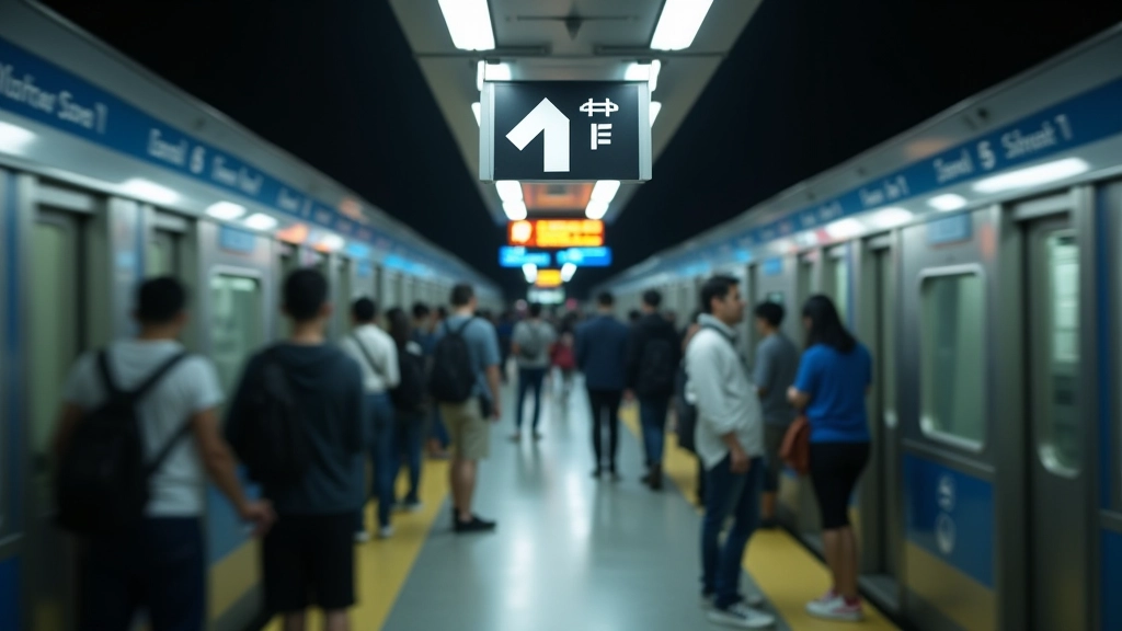 Busy MRT station platform with commuters during peak hours and directional signage overhead