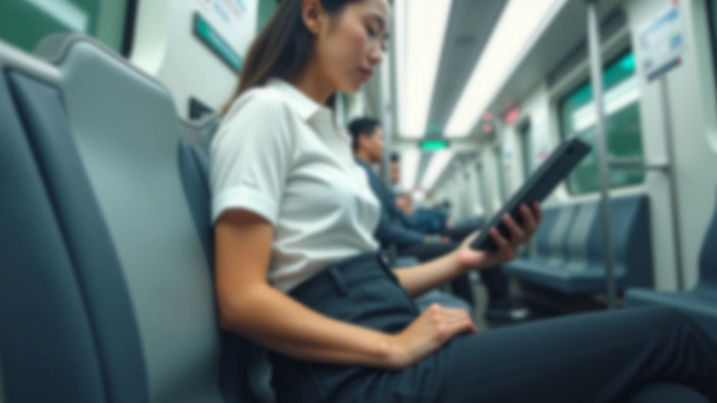 Young professional commuter sitting in MRT train reading on tablet during morning commute