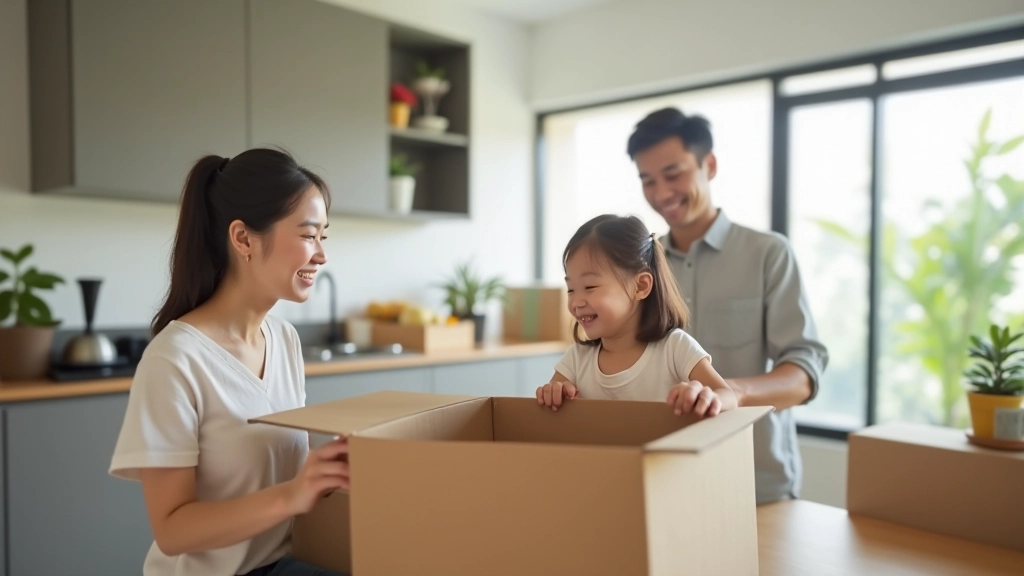 Family in modern apartment kitchen unpacking boxes during move-in day with smiling expressions